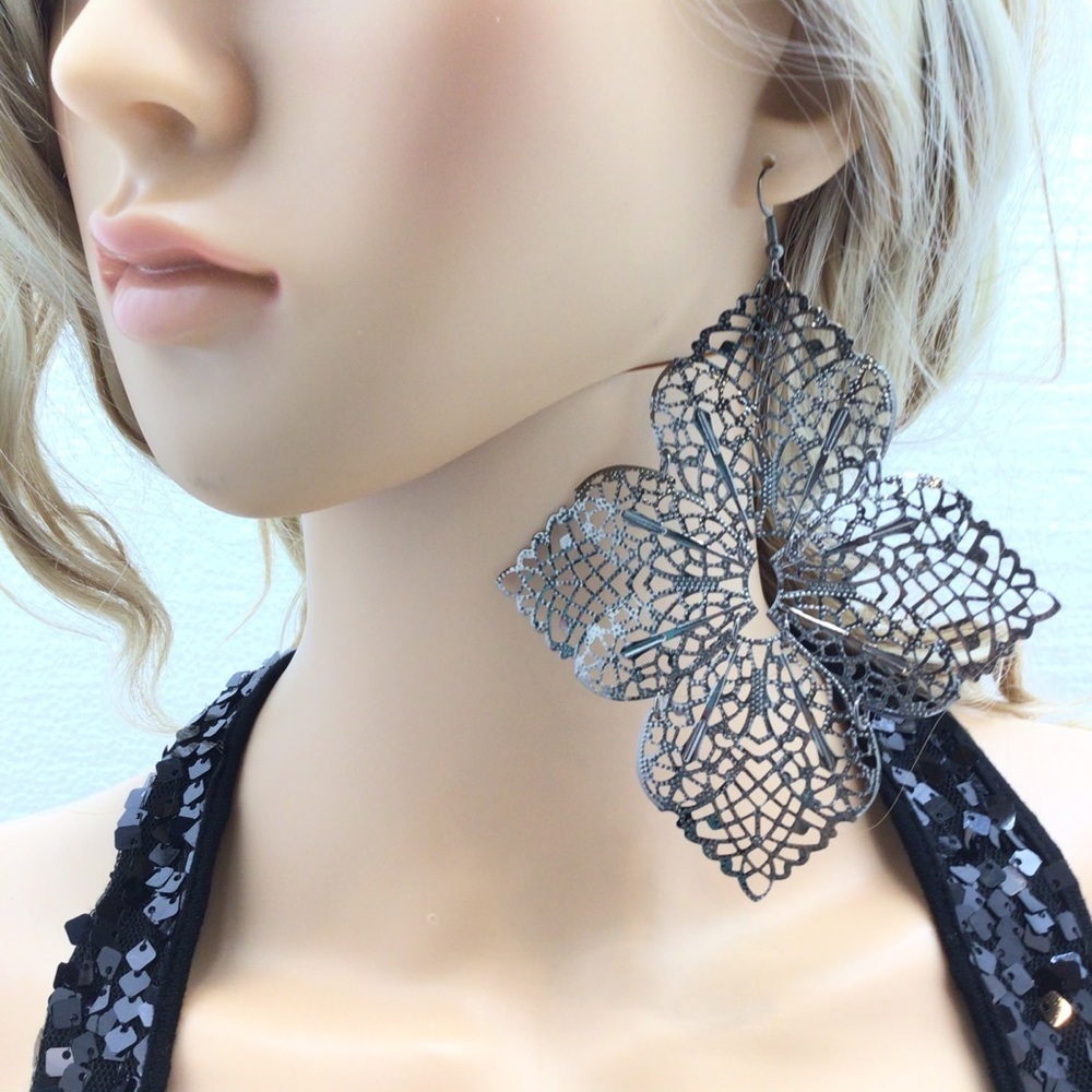 Large Dark Silver Filigree Floral Dangle Earrings